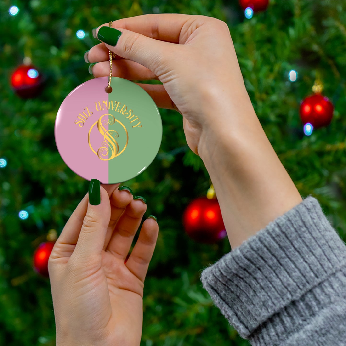 Shiz University Wicked Ceramic Ornament, Wicked Gift, Wicked Shiz Christmas Ornament, Pink and Green Wicked Movie Gift Wicked Movie Ornament